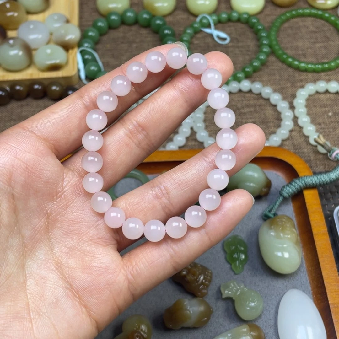 和田玉手串未镶嵌冰藕粉猫眼卡8