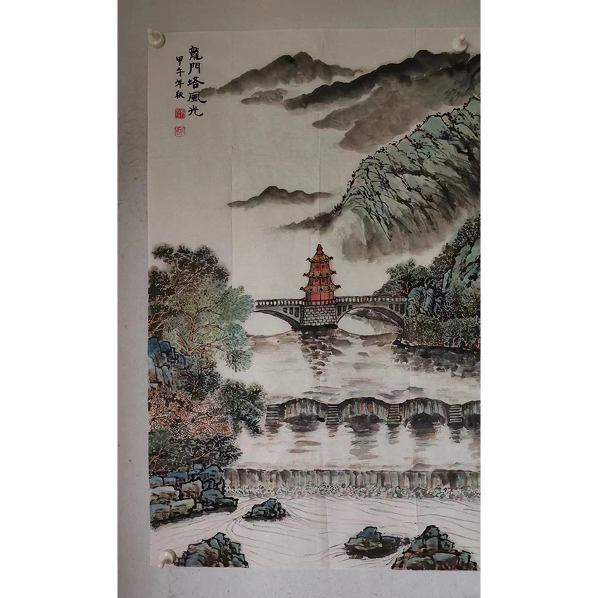 3510  纯手绘老字画《龙门塔风光》中堂  尺寸 107×69