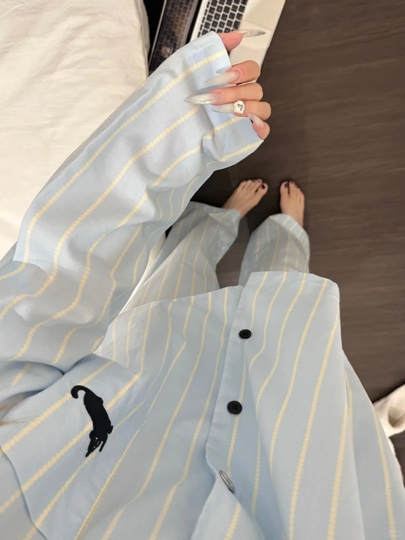 韩系甜美卡通小猫条纹睡衣女款夏季2025新款休闲长裤家居服套装
