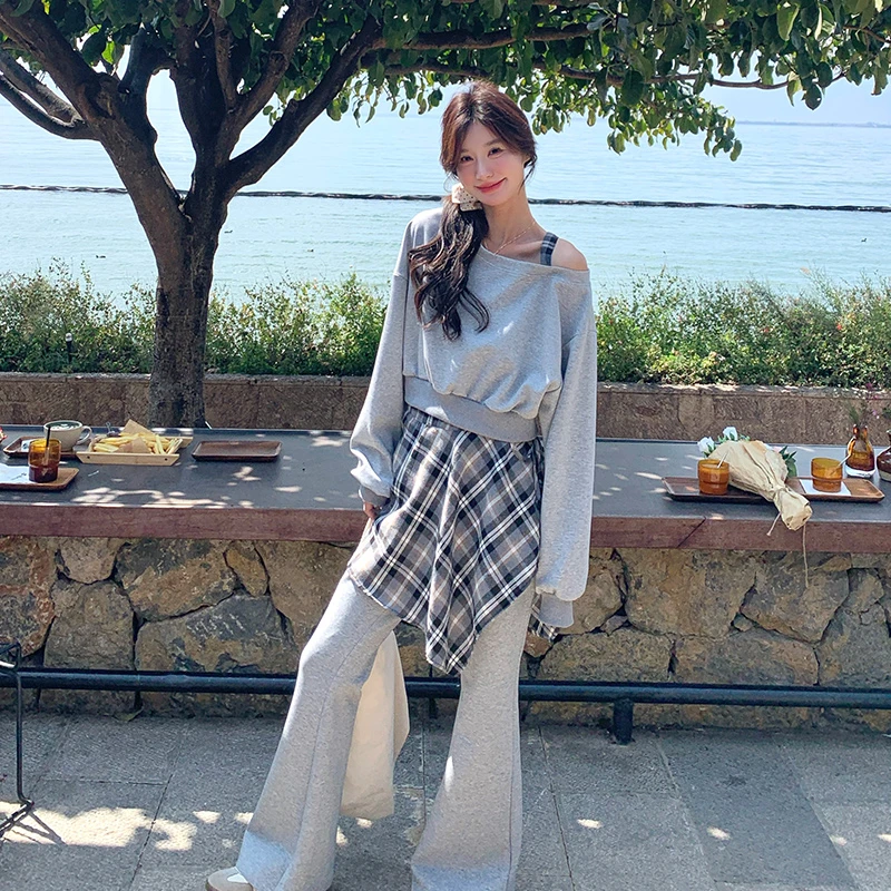 灰色学院风减龄露肩卫衣套装女2025春季新款拼接屁帘阔腿裤两件套