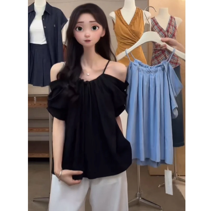 纯色绝美小众露肩吊带衬衫女夏季新款设计感洋气减龄百搭衬衣小衫