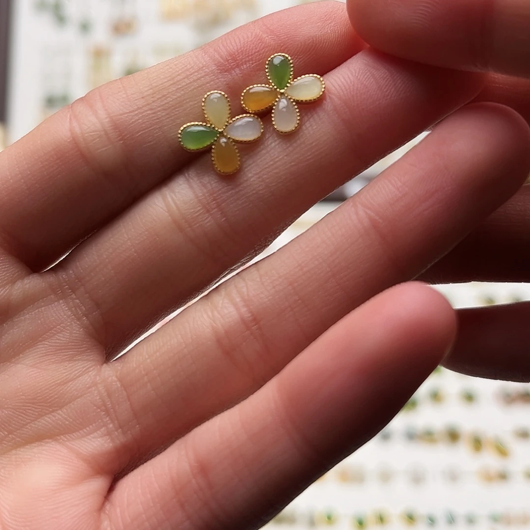 银S925镀金镶嵌和田玉耳钉