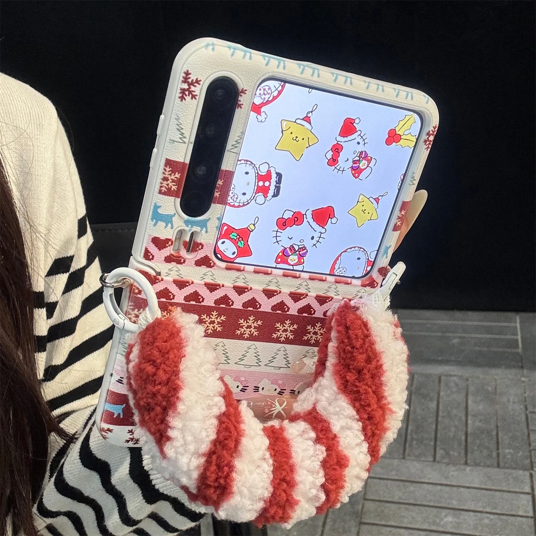 适用华为purax折叠屏手机壳红白皮质pocket2手雪花圣诞麋鹿kt猫绳