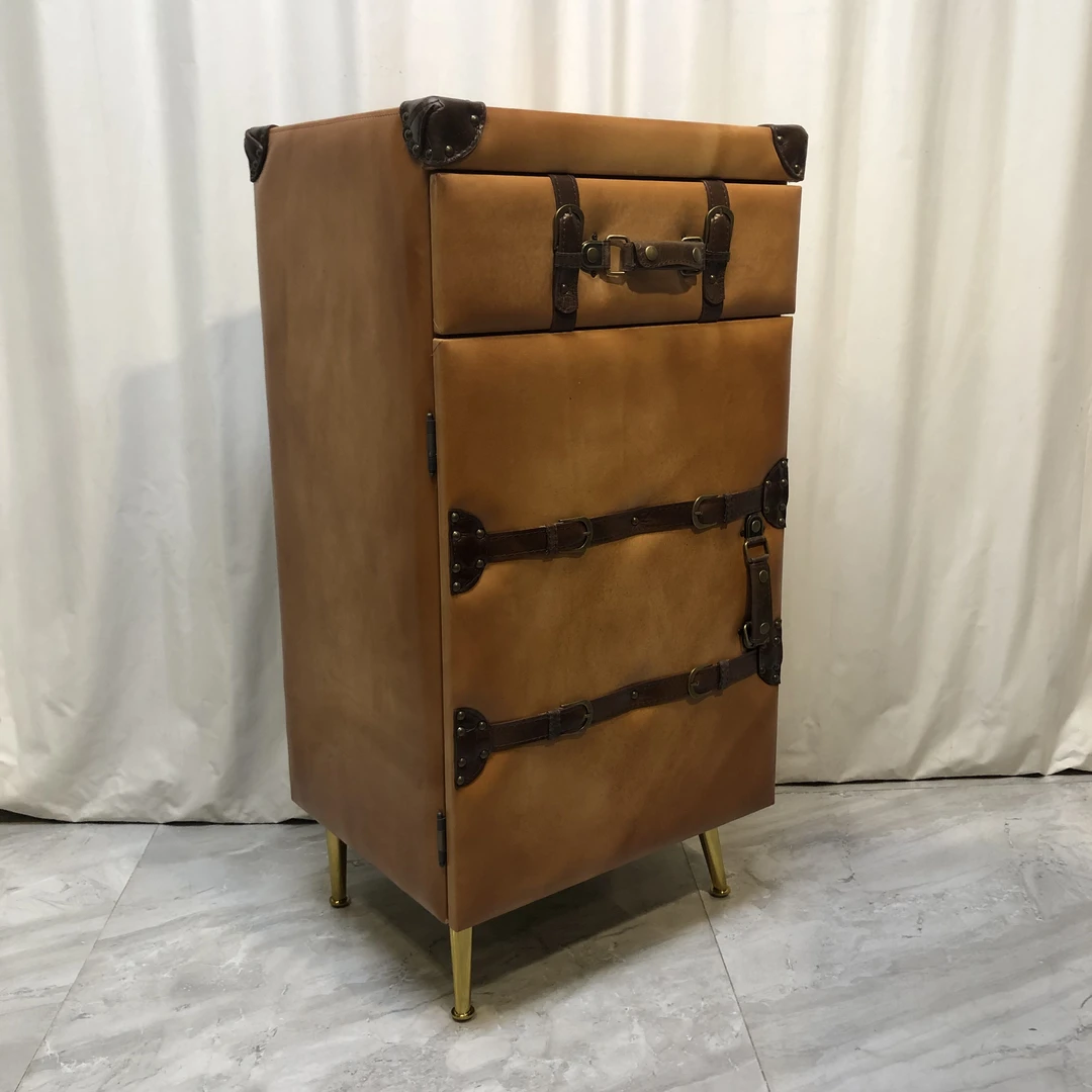 博瑞奇复古头层牛皮一抽单门小柜茶室客厅收纳边柜玄关柜09339