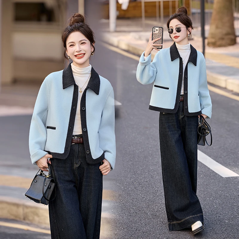 小个子韩系穿搭千金风高级感撞色拼接双面羊毛呢短外套秋冬新款