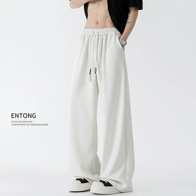 Entong美式复古麦穗纹抽绳直筒休闲裤男生松紧腰宽松阔腿百搭长裤