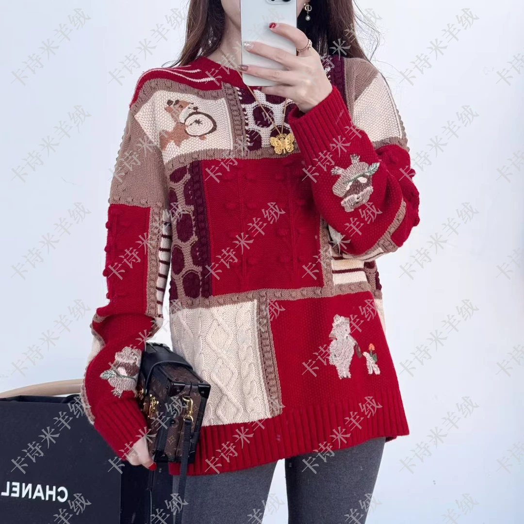 【卡诗米羊绒】小松鼠2手工刺绣时尚山羊绒100%高定女款宽松上衣