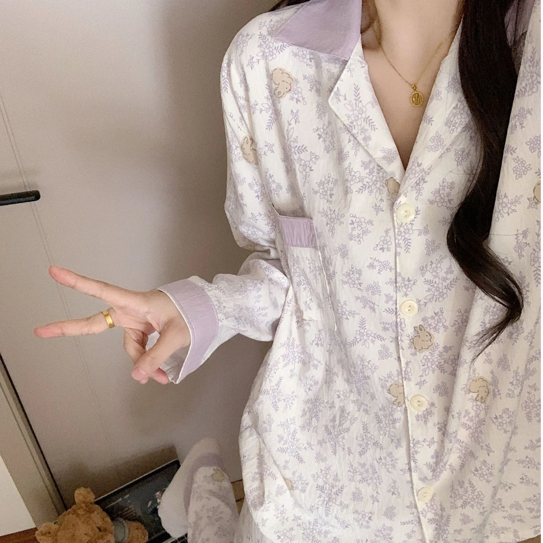 【长袖紫色碎花】春秋长袖碎花云朵绵可爱小兔睡衣少女套装家居服