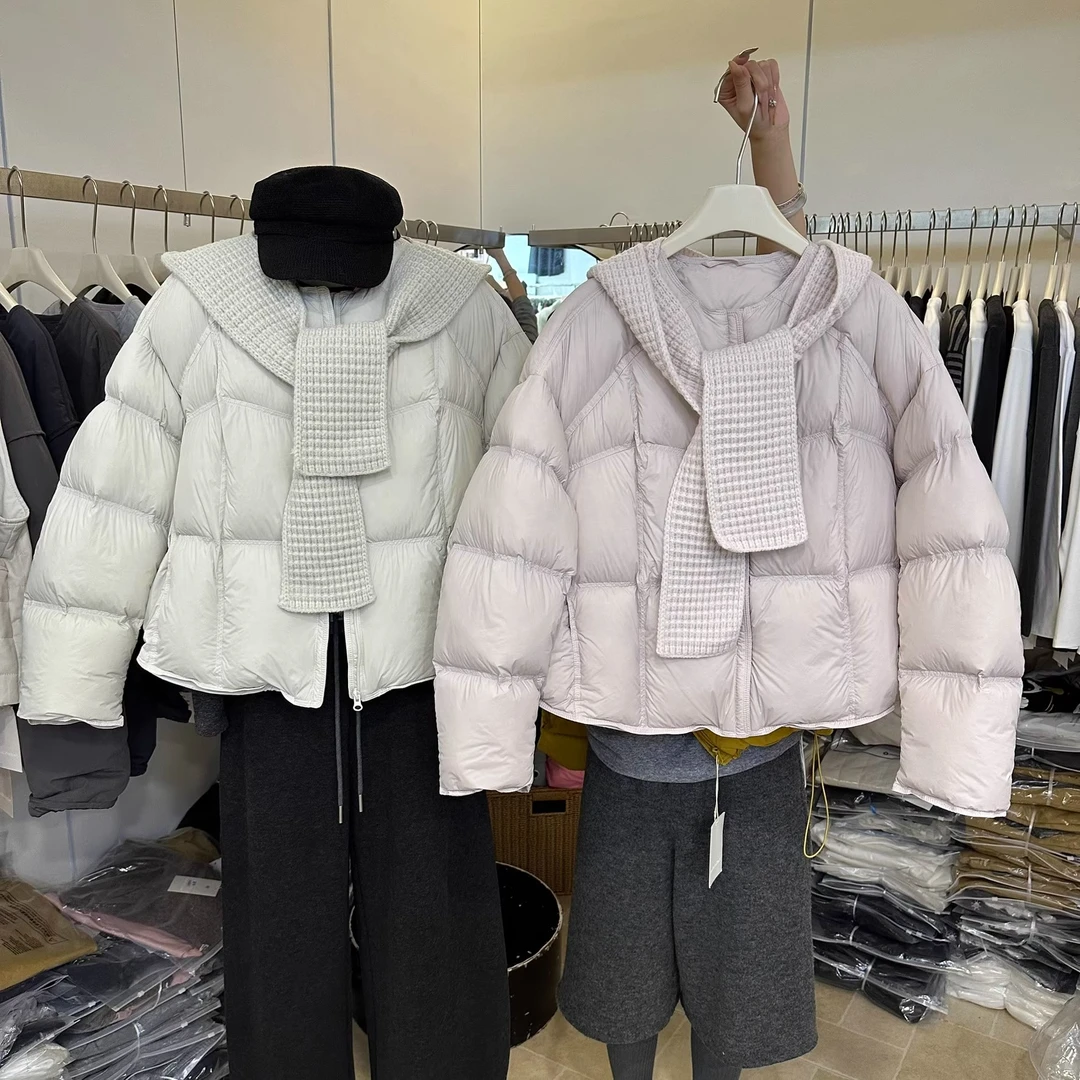 韩系配针织连帽披肩短款棉服女2025冬季新款小清新加厚保暖外套