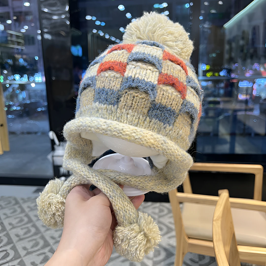 宝宝帽子秋冬百搭拼色可爱保暖针织帽防寒护耳帽男女童加厚毛线帽