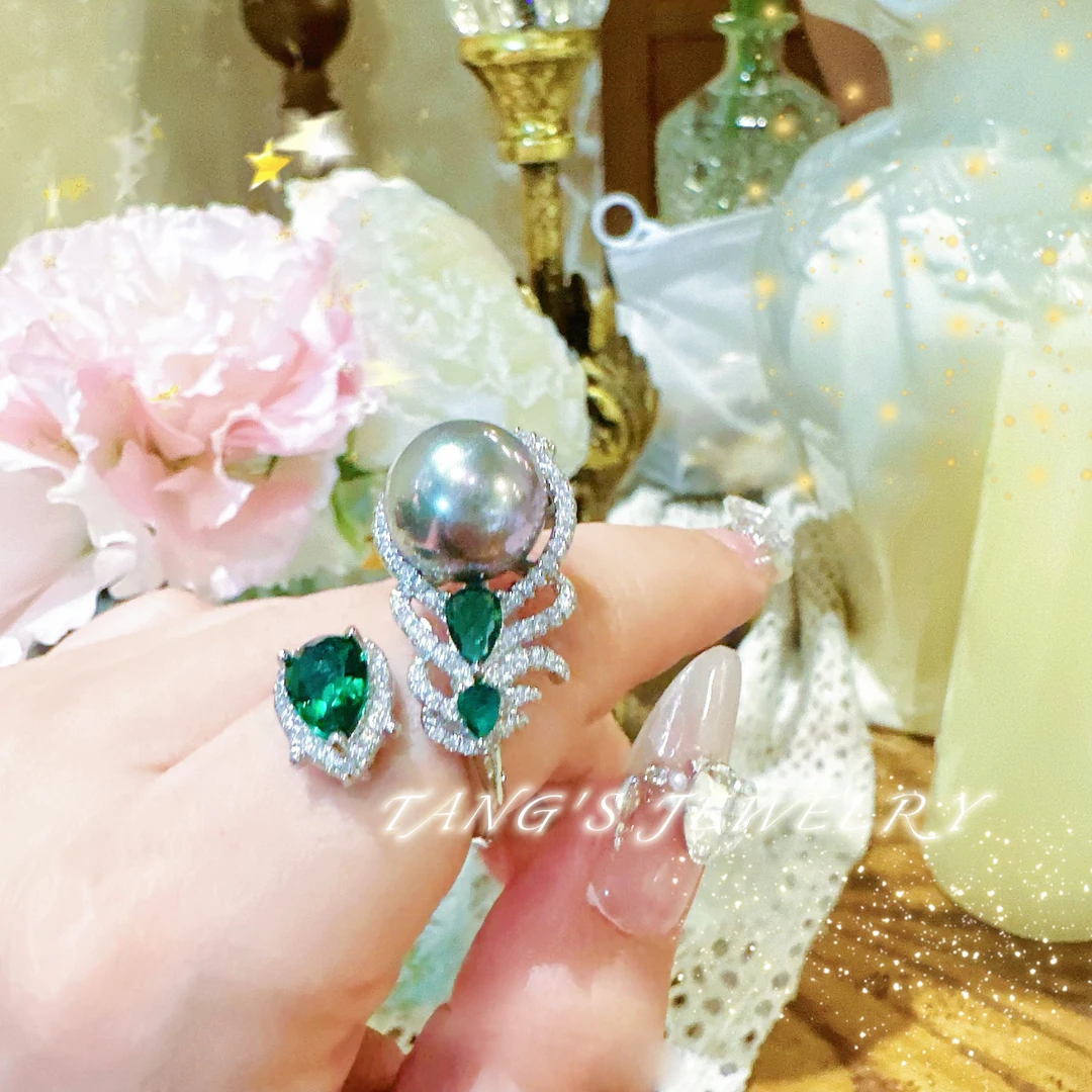 铜合金戒指 大溪色珠珠时尚绿羽毛戒指饰品指环首饰轻奢