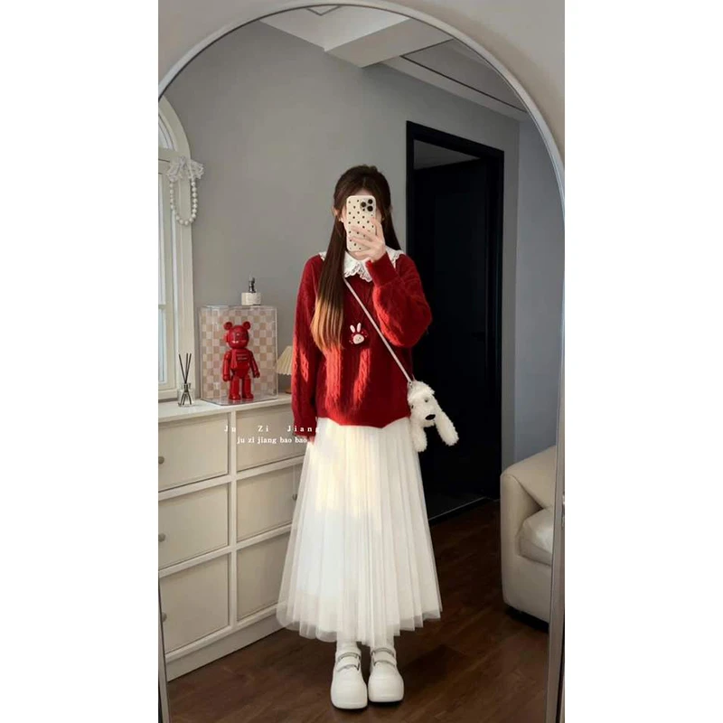 秋冬搭配一整套女韩系慵懒风减龄红色套头针织毛衣网纱半身裙套装