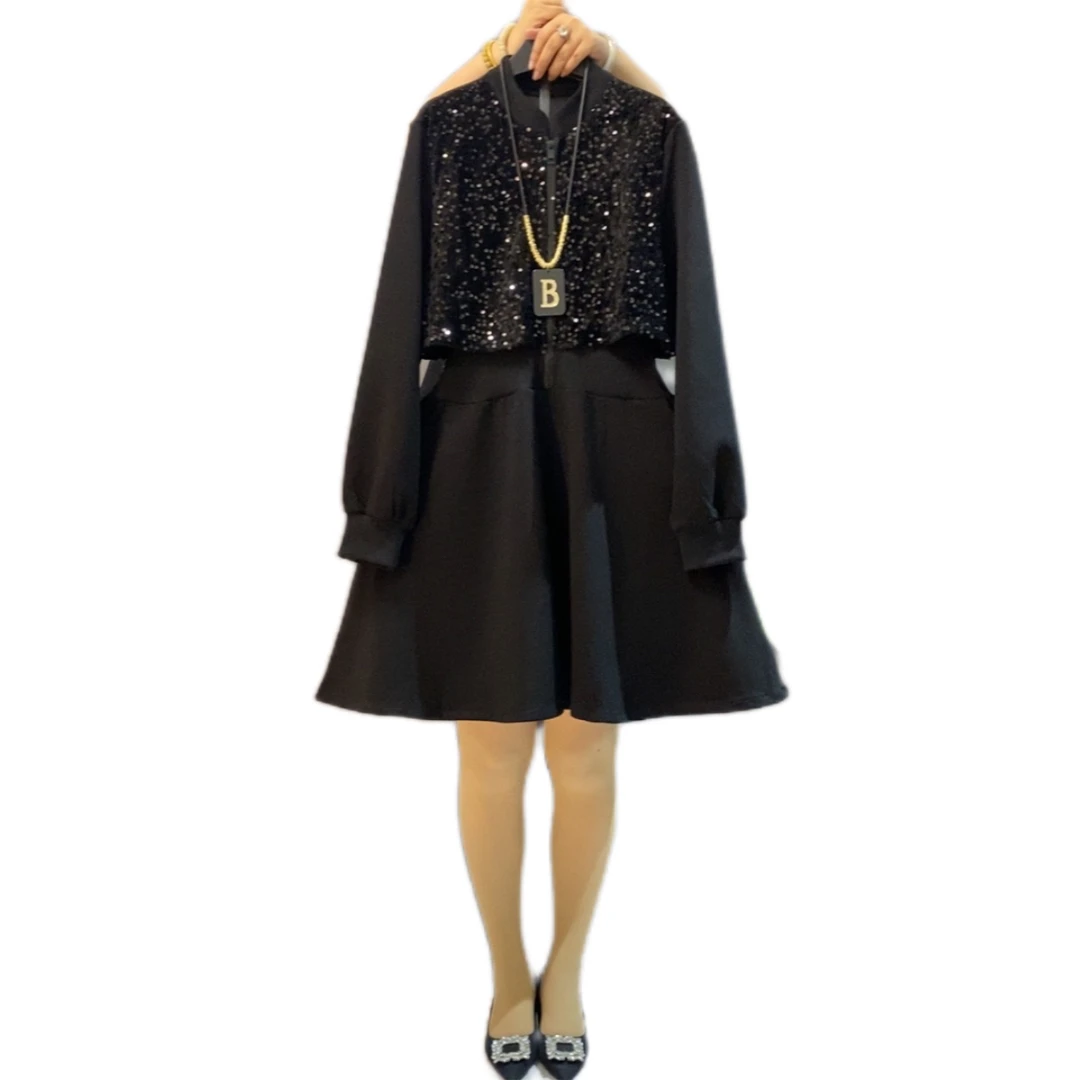 冬季新款时尚必备亮片拼接显瘦加厚中长减龄气质大码胖妹妹连衣裙