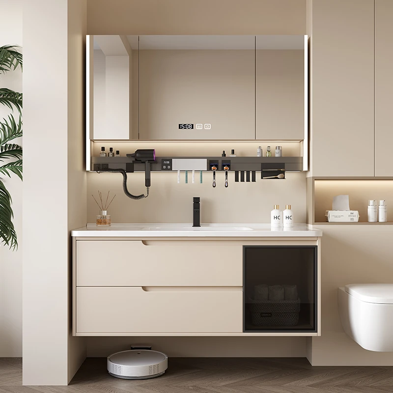 奶油风简约实木浴室柜组合卫生间一体盆洗漱台洗手脸池面盆柜