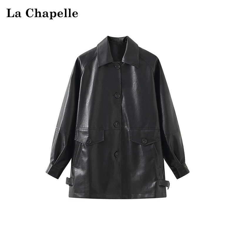 拉夏贝尔黑色翻领皮衣女春季复古宽松气质百搭机车服新款高级时尚