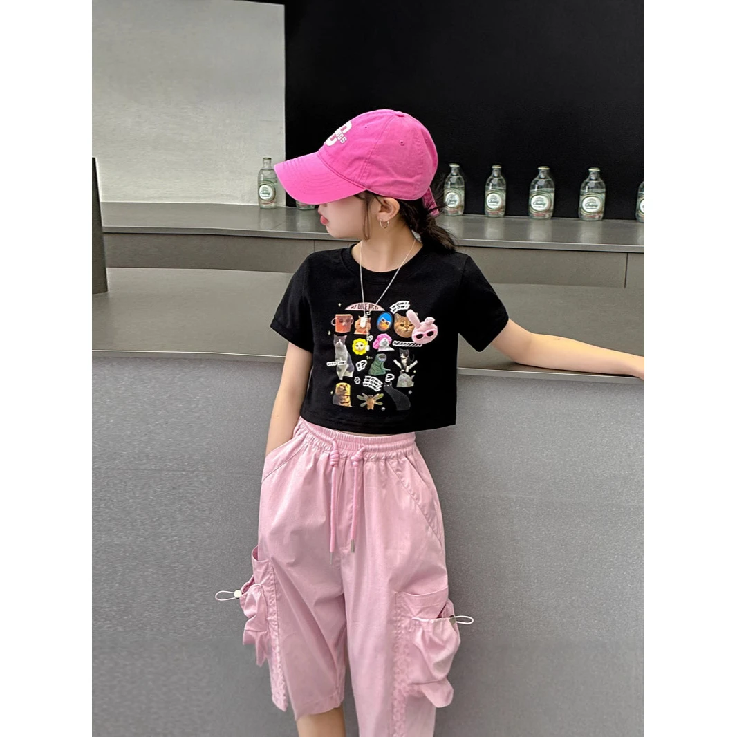 女童时髦洋气短袖2025年夏季中大童新款潮酷短袖上衣