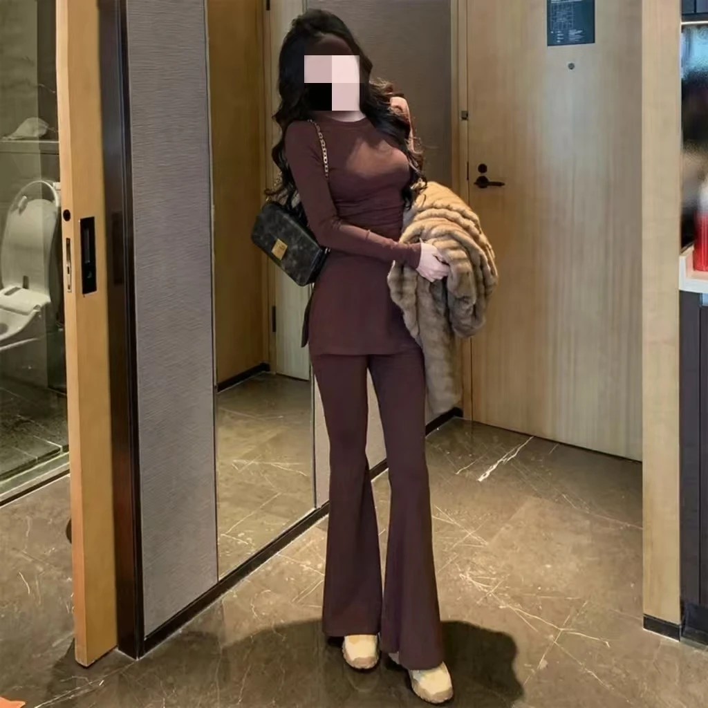 【妮妮专属】A752秋冬简约纯色加绒开叉长袖上衣显瘦喇叭裤套装