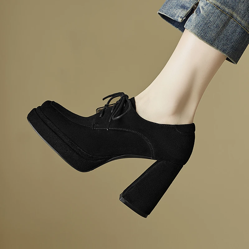 小个子增高9.5cm~粗跟高跟鞋防水台系带深口单鞋不累脚女鞋职业鞋