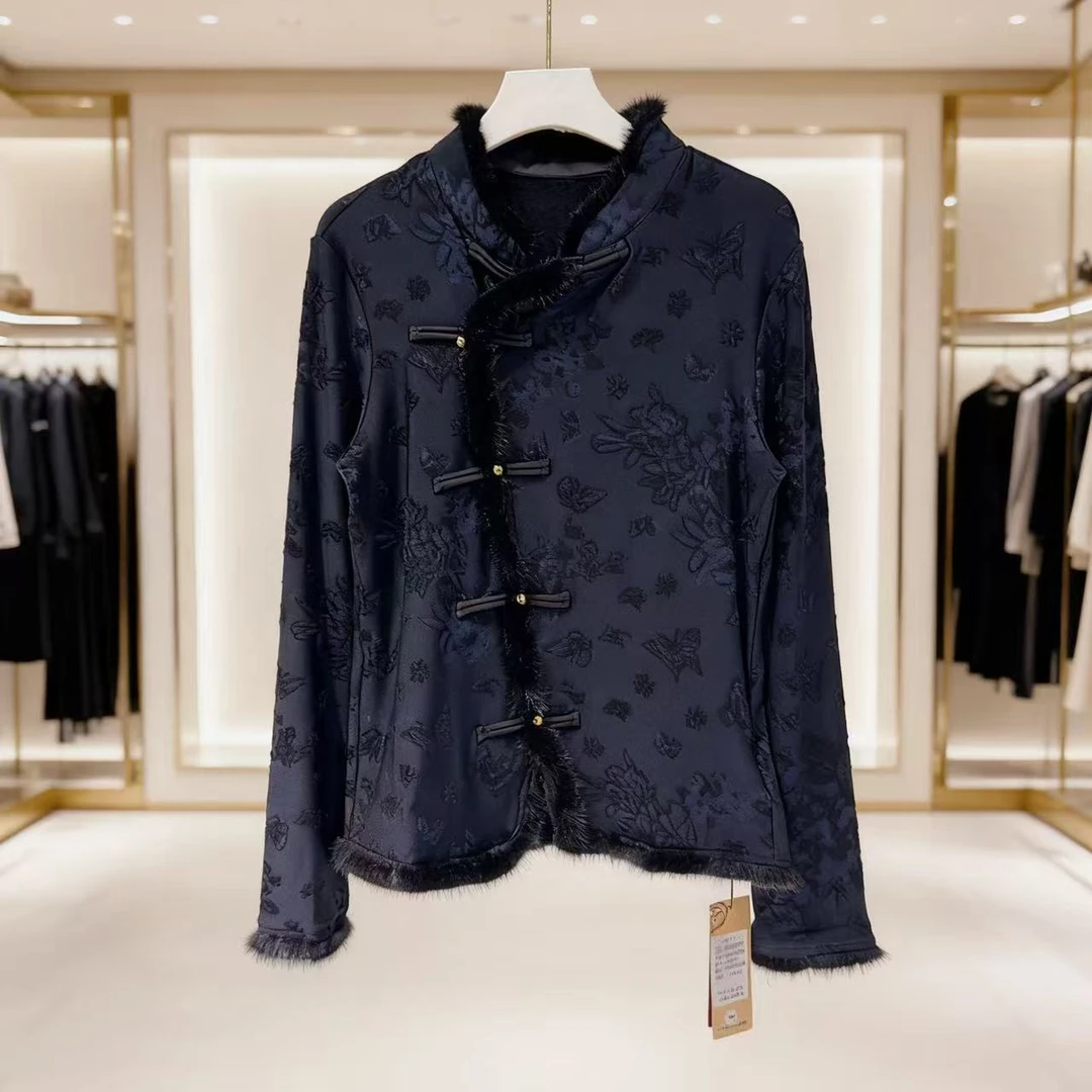 DD加绒内里~真水貂毛拼接~L胸90-110长62新中式盘扣上衣 4024