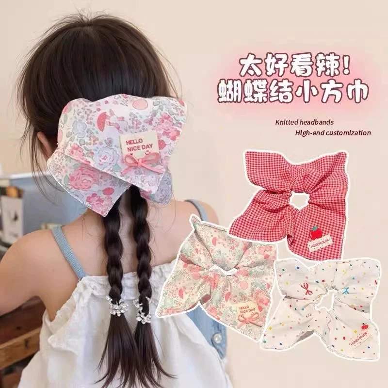 儿童碎花蝴蝶结方巾大肠发圈女童2025新款扎马尾发绳女孩公主头饰