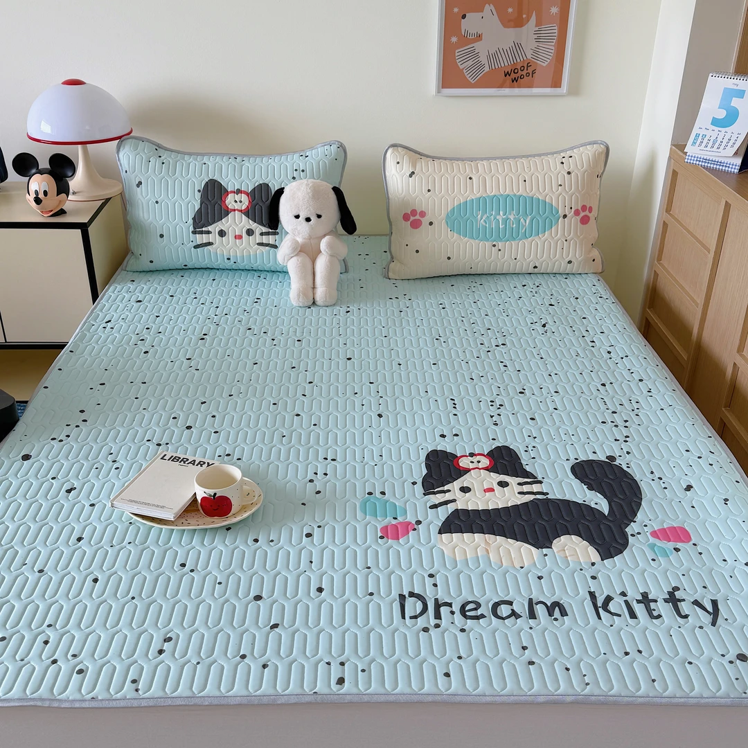 猫咪日记ins泼墨猫咪凉感丝乳胶凉席少女风三件套可水洗空调软席