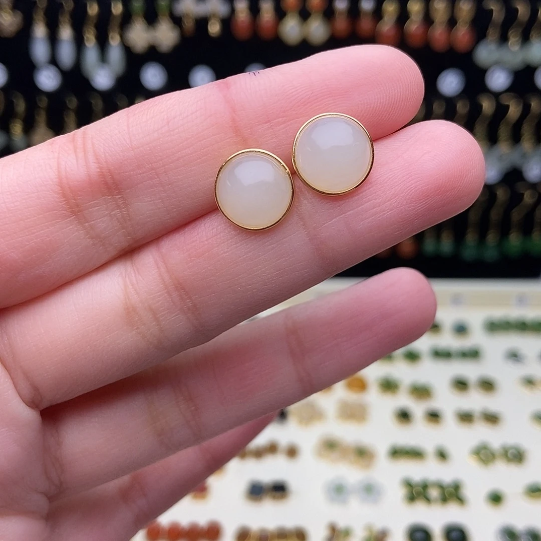 和田玉银S925镀金镶嵌耳饰