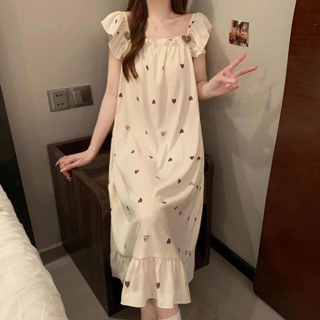 睡裙女2025新款夏季带胸垫甜美爱心印花日系少女小飞袖睡衣家居服