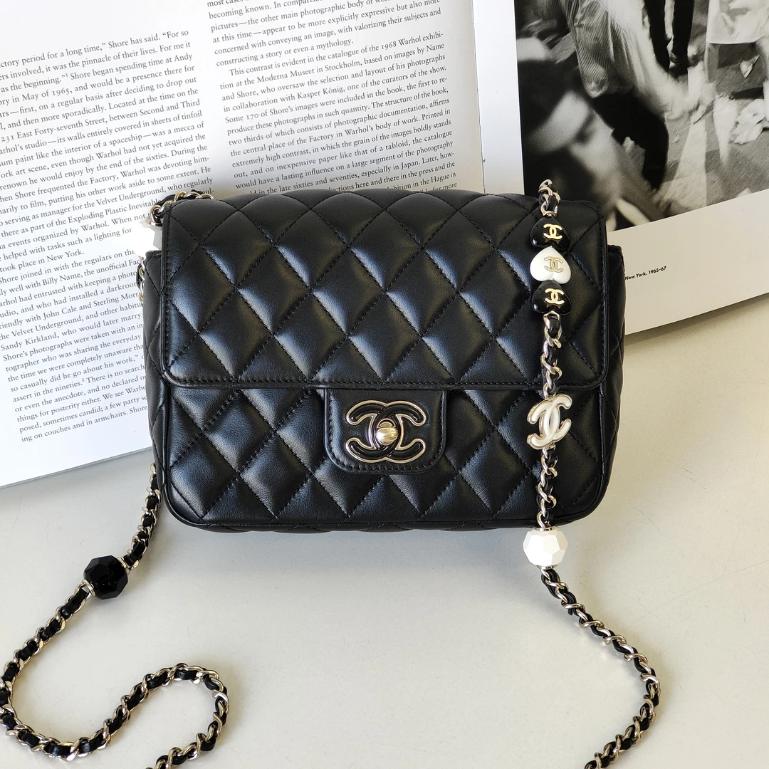 95新 Chanel/香奈儿 23P黑金羊皮CF方胖子爱心链斜挎包/49577