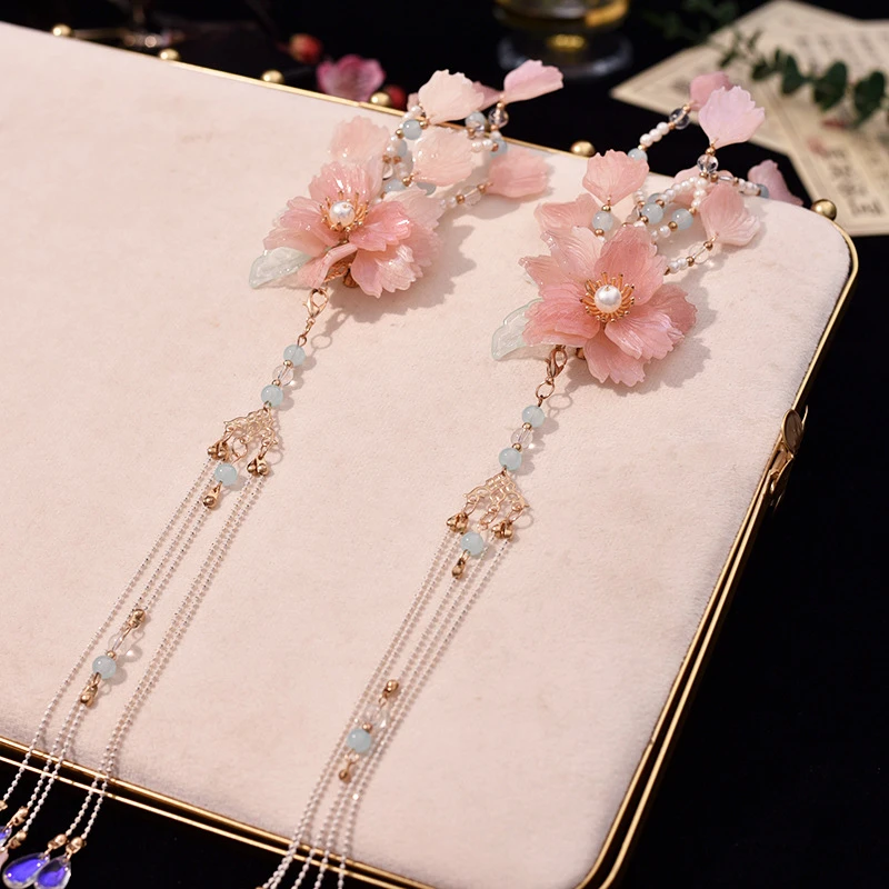 原创古风粉色流苏明制步摇宫廷凤冠发饰粉色琉璃头饰古风流苏发夹