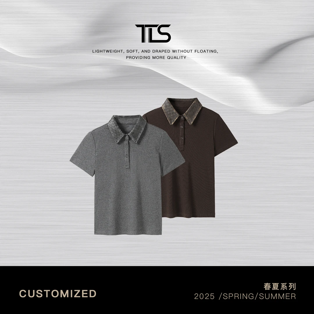 TT【菱格polo】莱赛尔天丝混纺拼接真皮简约显瘦短袖T恤TT-DT5035