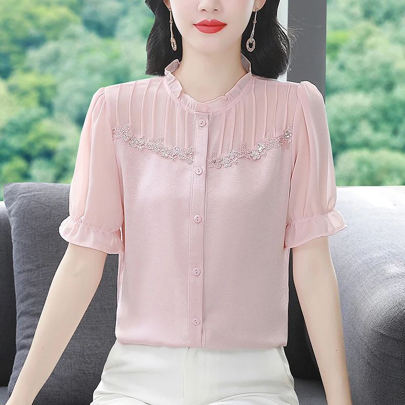 夏季气质减龄显瘦木耳领纯色上衣洋气时尚百搭短袖雪纺衫衬衫女
