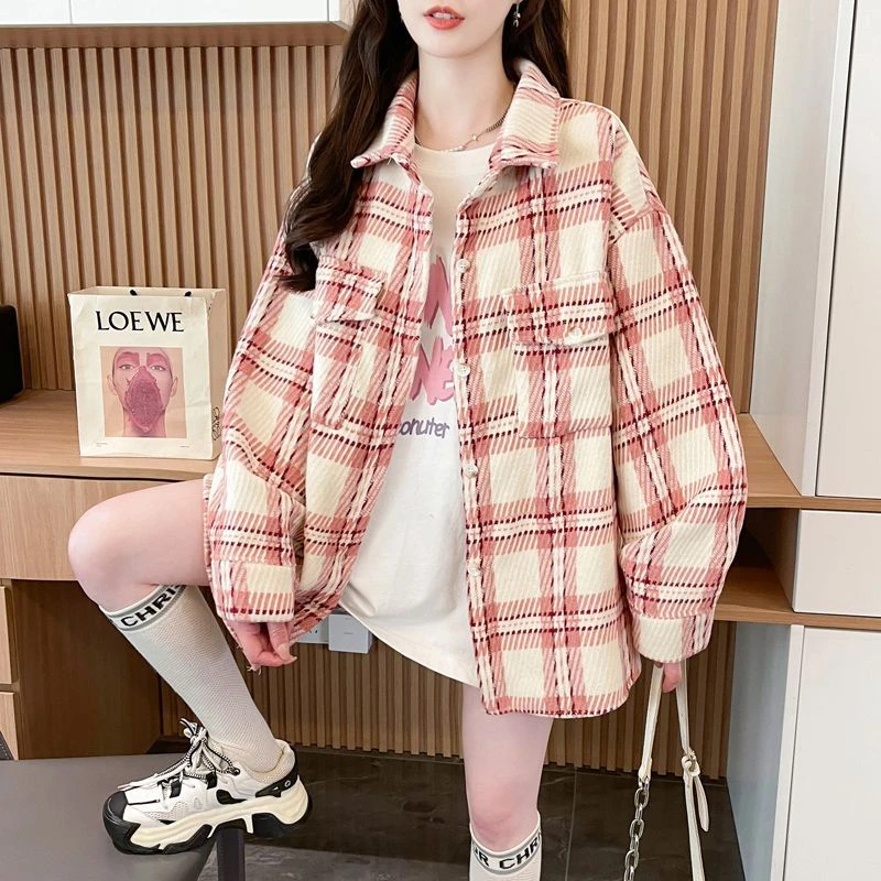慵懒风格子洋气衬衫女翻领宽松撞色中长款时尚开衫学生外套上衣潮