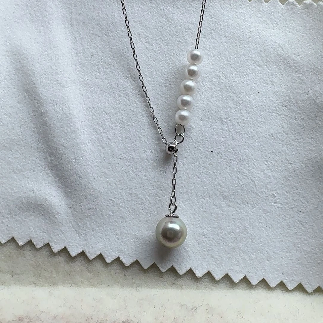 银S925镶嵌海水珍珠颈饰海水真多麻6.8mm+淡水小米珠