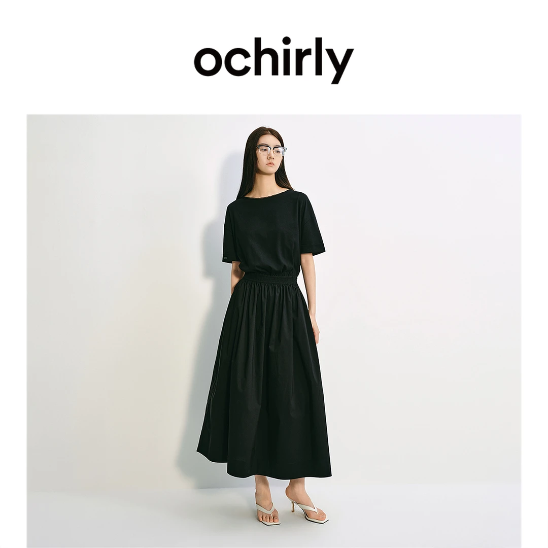 ochirly欧时力 蕾丝花边A字连衣裙长裙收腰气质25夏新款流光风