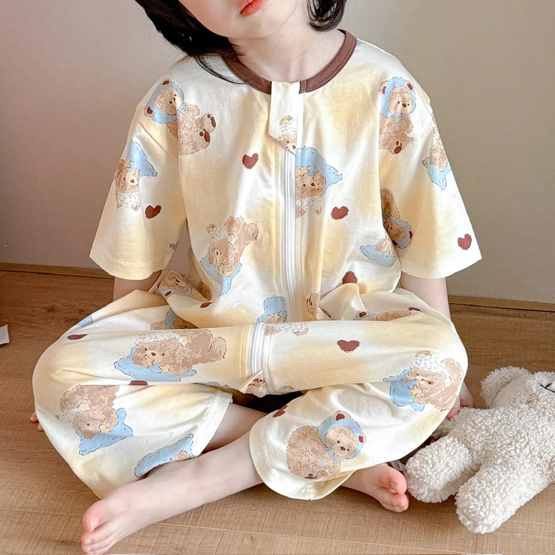 夏季儿童卡通印花小熊2025连体衣透气睡衣短袖可爱宝宝分腿睡袋