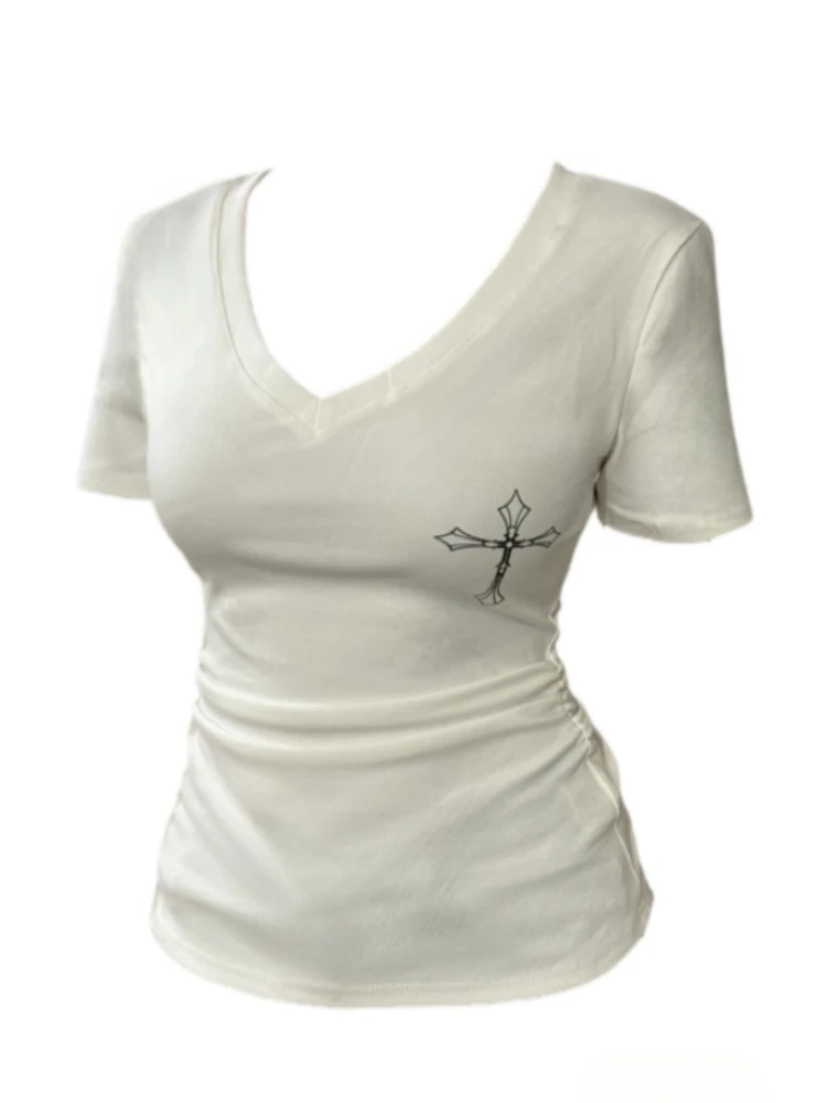 【Amy家】设计感印花十字架短袖T恤女纯欲辣妹掐腰显瘦正肩v领上衣
