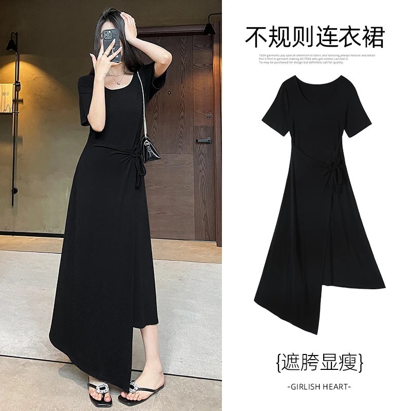 优雅法式不规则连衣裙女2025夏季气质收腰针织高级感褶皱修身长裙