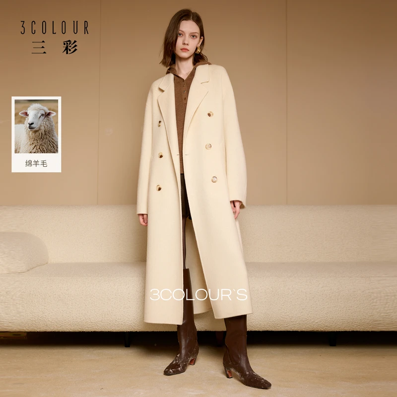 【100绵羊毛】三彩2025冬季新款呢大衣落肩袖双排扣毛外套长款女S