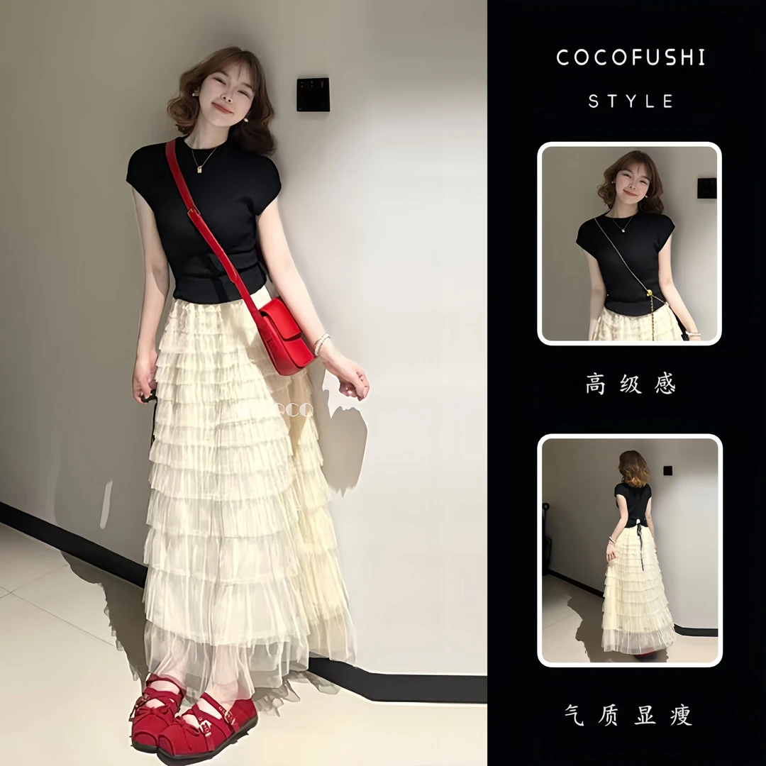 韩系穿搭一整套2025新款时尚修身短袖t恤女搭配法式蛋糕裙两件套