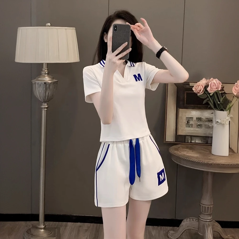 休闲运动短裤套装女网红跑步服撞色polo衫短袖宽松休闲阔腿两件套