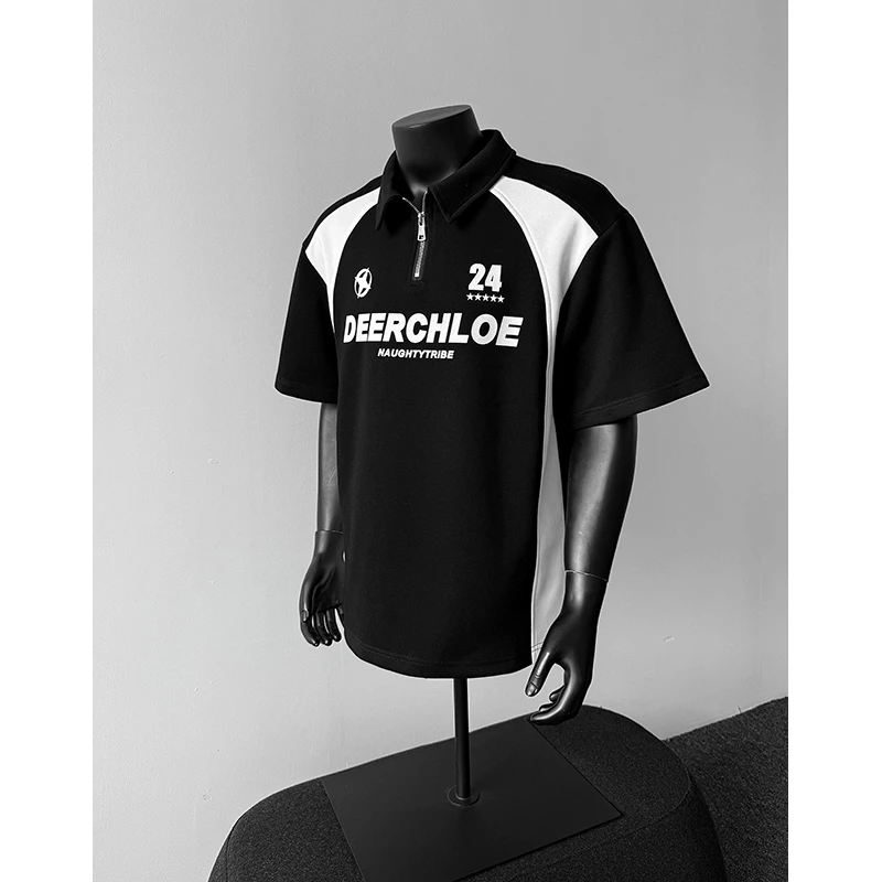 半拉链Polo领短袖t恤男潮拼接撞色美式骑行机车半袖夏季痞帅上衣