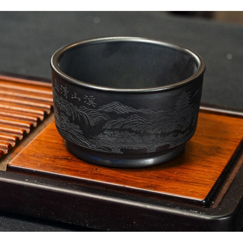 6675宜兴紫砂石黄手工雕刻陶瓷山水全手工竹节杯周盘杯HT