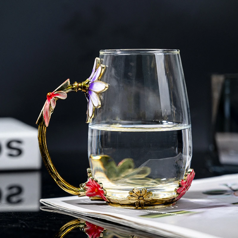 N308  350ml现代时尚珐琅彩家居轻奢装饰花卉玻璃杯