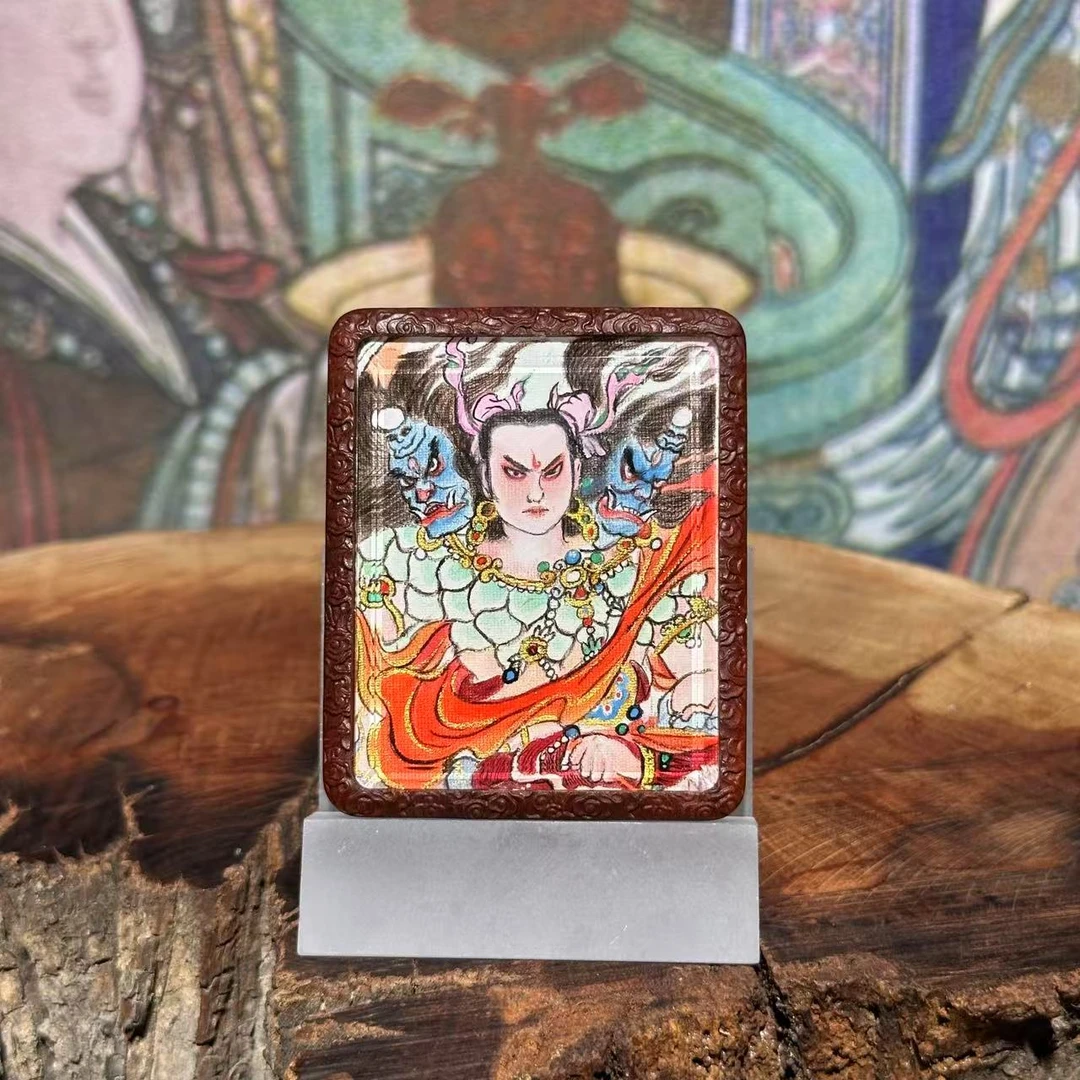 「纯手绘」中坛元帅哪吒 双面道家唐卡枣木镶925纯银纯手工吊坠摆件