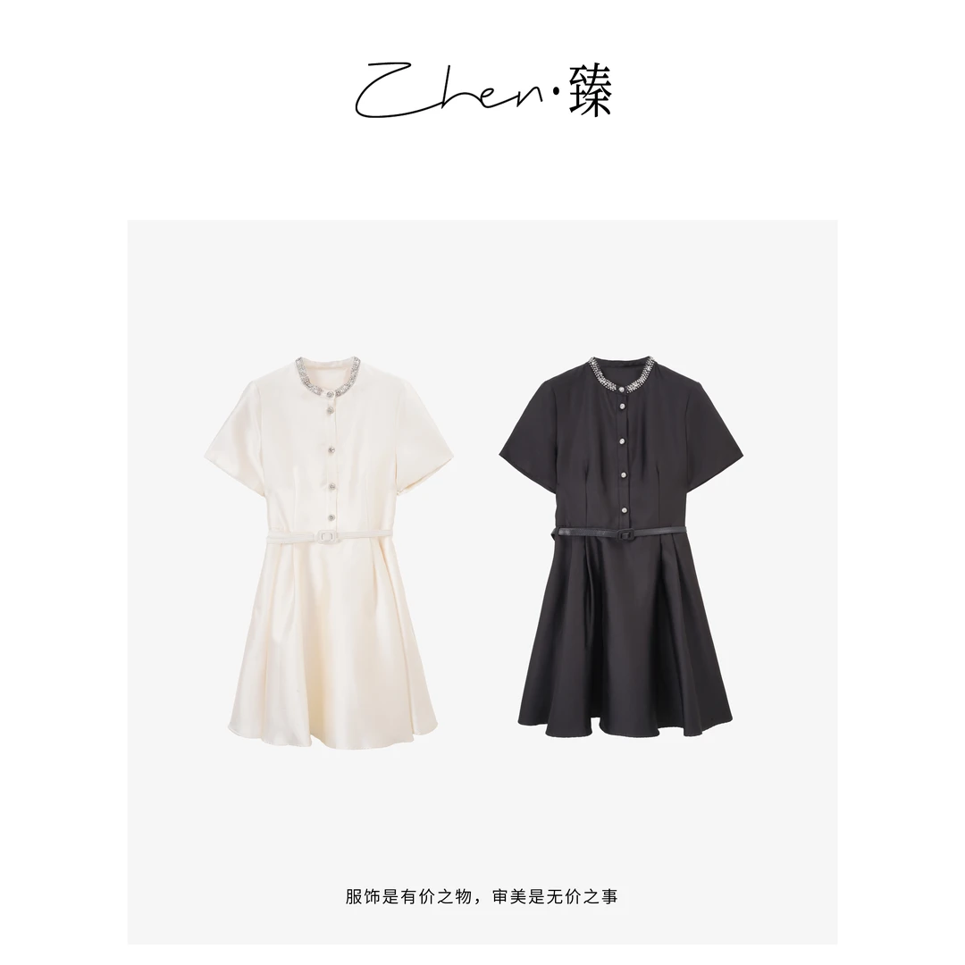 ZHEN.臻 25夏季新款优雅单排扣收腰法式小香风短袖连衣裙LYQ7878Z