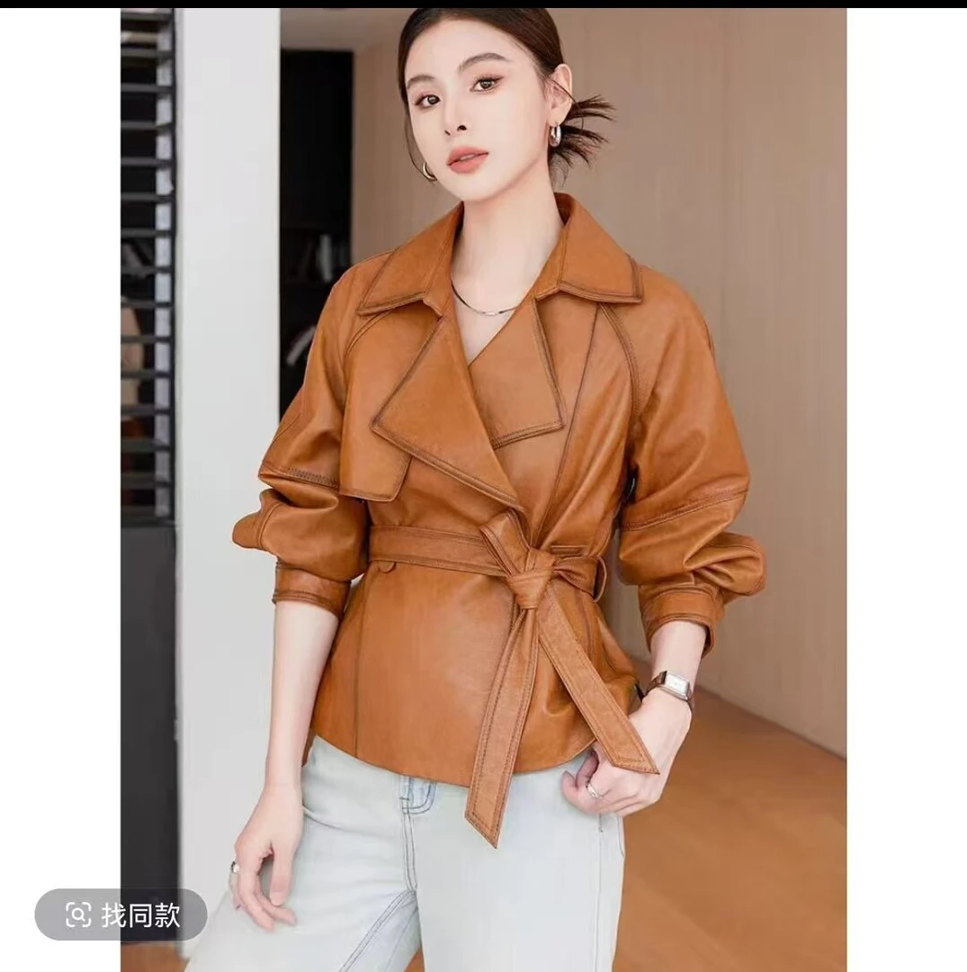 海宁女士中长款时尚翻领气质韩版皮衣显瘦秋季系带网红8366