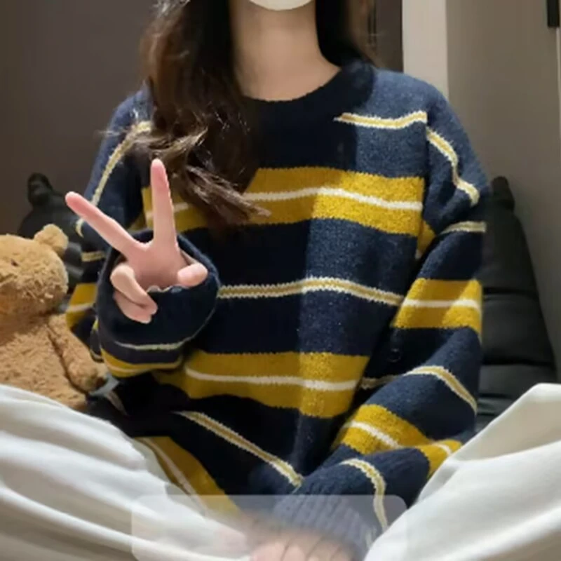 条纹撞色宽松毛衣女2025秋季新款慵懒风显瘦韩版百搭休闲套头上