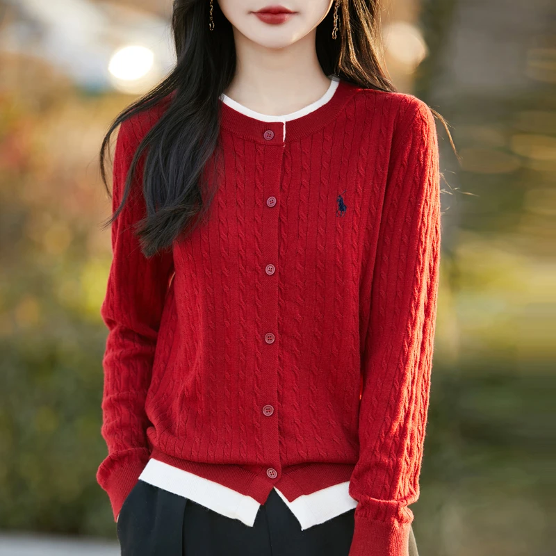 精纺羊毛圆领假两件开衫女羊毛衫D821