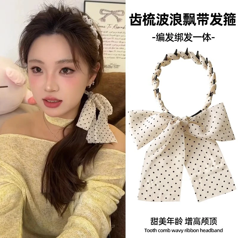 超仙雪纺波点飘带齿梳发箍女夏季马尾编发丝带甜美麻花辫发带头箍