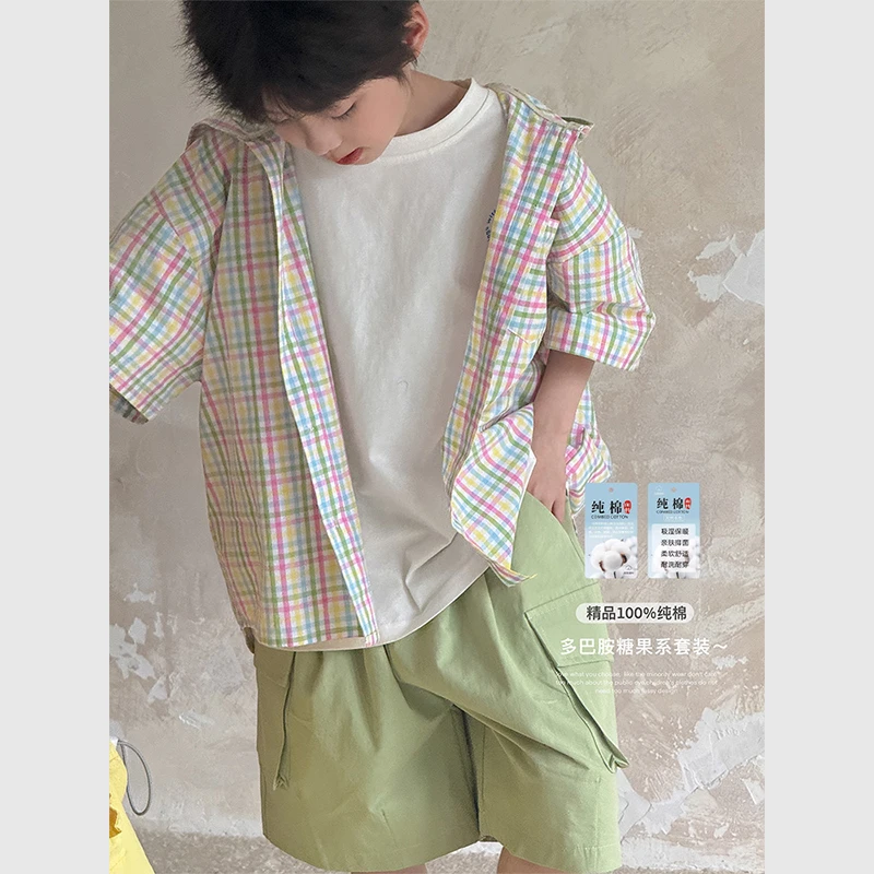 虾酱麻麻男童短袖衬衫套装夏季2025新款男孩上衣撞色儿童纯棉裤子